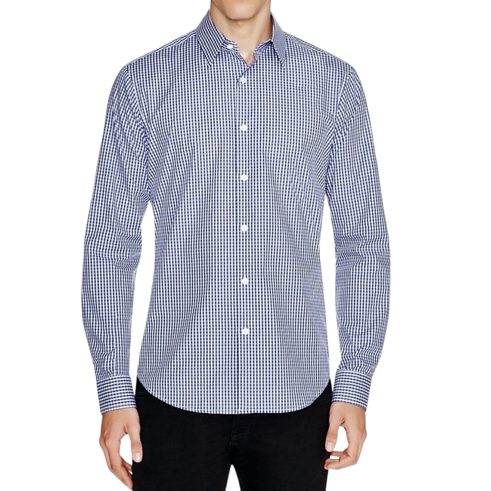 THEORY SYLVAIN AMICABLE BLUE & WHITE GINGHAM TRIM FIT SHIRT SIZE M